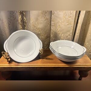 (4) Noritake China Buckingham 6438 Platinum Trim Lugged Cereal Bowls Japan 6.5”